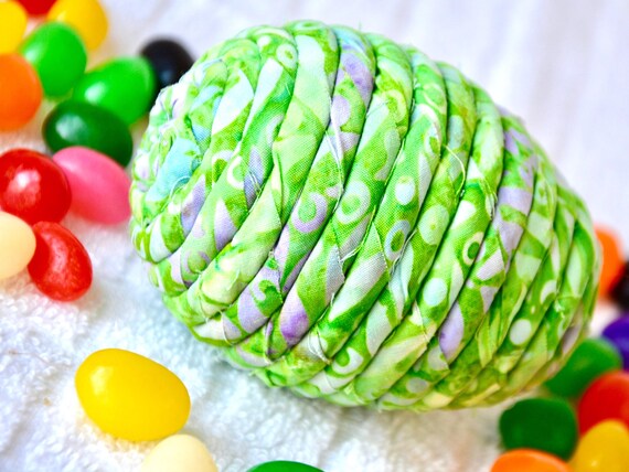 Green Easter Egg Ornament, 1 Lime Cream Batik Fabric Egg, Handmade Easter Egg Hunt Toy, Hand Coiled Fiber Easter Egg, Easter Basket Filler