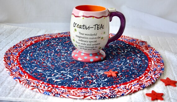Patriotic Flag Mat, 14" Americana Place Mat, Handmade Red White and Blue Trivet, Quilted Hot pad, Picnic Potholder, Coiled Rope Mat