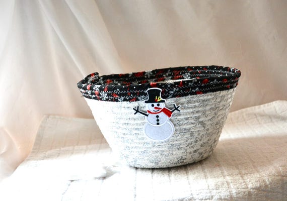 Snowman Decor Basket, Handmade White and Silver Fabric Bowl, Snowy Winter Decoration