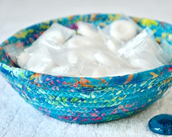Blue Key Basket, 1 Handmade Boho Fabric Bowl, Cute Candy Dish or Potpourri Bowl, or Entry Change Bowl or Ring Dish
