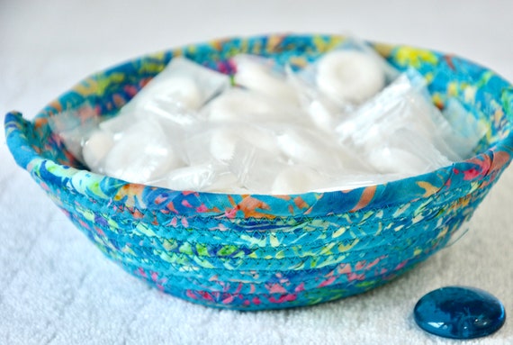 Blue Key Basket, 1 Handmade Boho Fabric Bowl, Cute Candy Dish or Potpourri Bowl, or Entry Change Bowl or Ring Dish