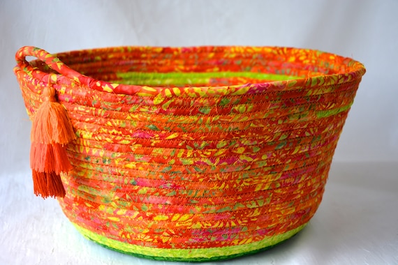 Colorful Whimsical Basket, Handmade Batik Fabric Basket, Bath Tissue Holder, Remote Holder, Catchall, Entryway Plant Holder