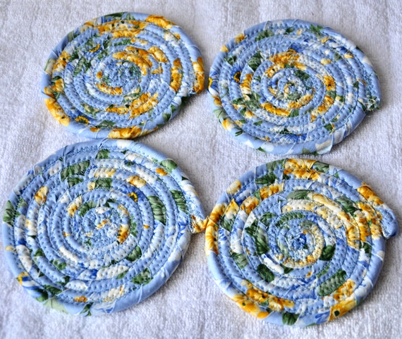 Blue Country Coasters, Set of 4, Shabby Chic Fabric Coaster Set, 4" Handmade Coiled Rope Mug Rugs, Blue Drink Coasters, Bar Drink Mat