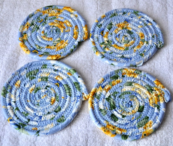 Blue Country Coasters, Set of 4, Cottage Chic Fabric Coaster Set, 4" Handmade Coiled Rope Mug Rugs, Table Mats, Hot Pad