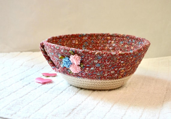 Handmade Shabby Chic Basket: Decorative Pink Rose Fabric Bowl, Mother's Day Gift