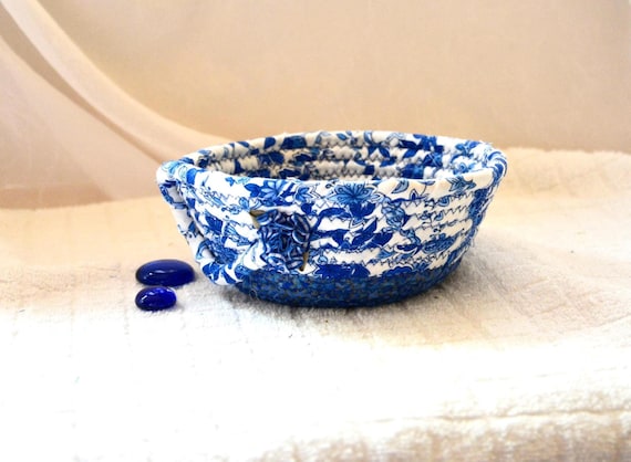 Blue Candy Bowl, Potpourri Basket, Small Ring Dish, Key Change Bowl, 1 Handmade Coiled Fabric Basket, Candle Holder