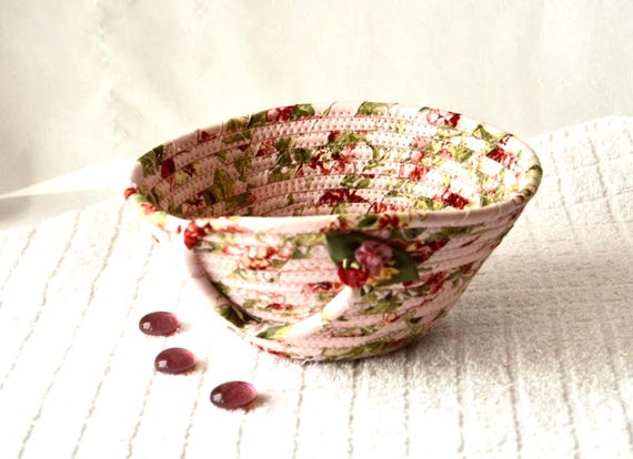 Shabby Chic Floral Basket: Handmade Coiled Pink Fabric Bowl, Mother's Day Gift