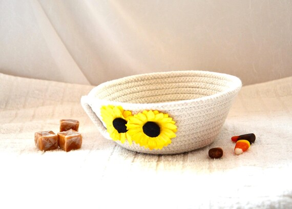 Handmade Coiled Rope Basket: Sunflower Accent, Cottage Chic Decor