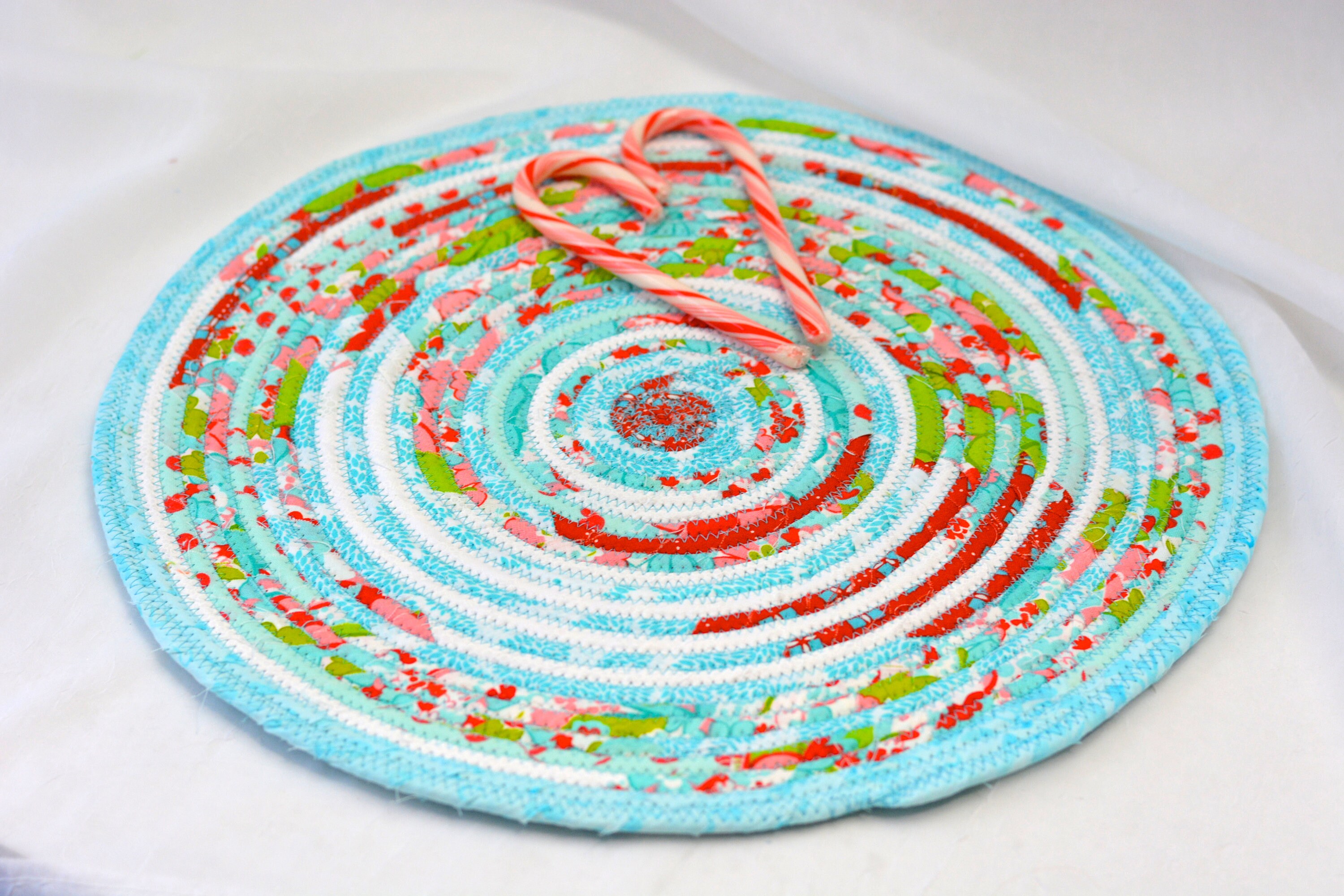 Turquoise Place Mat, 14 Quilted Table Mat, Handmade Aqua and Red Trivet