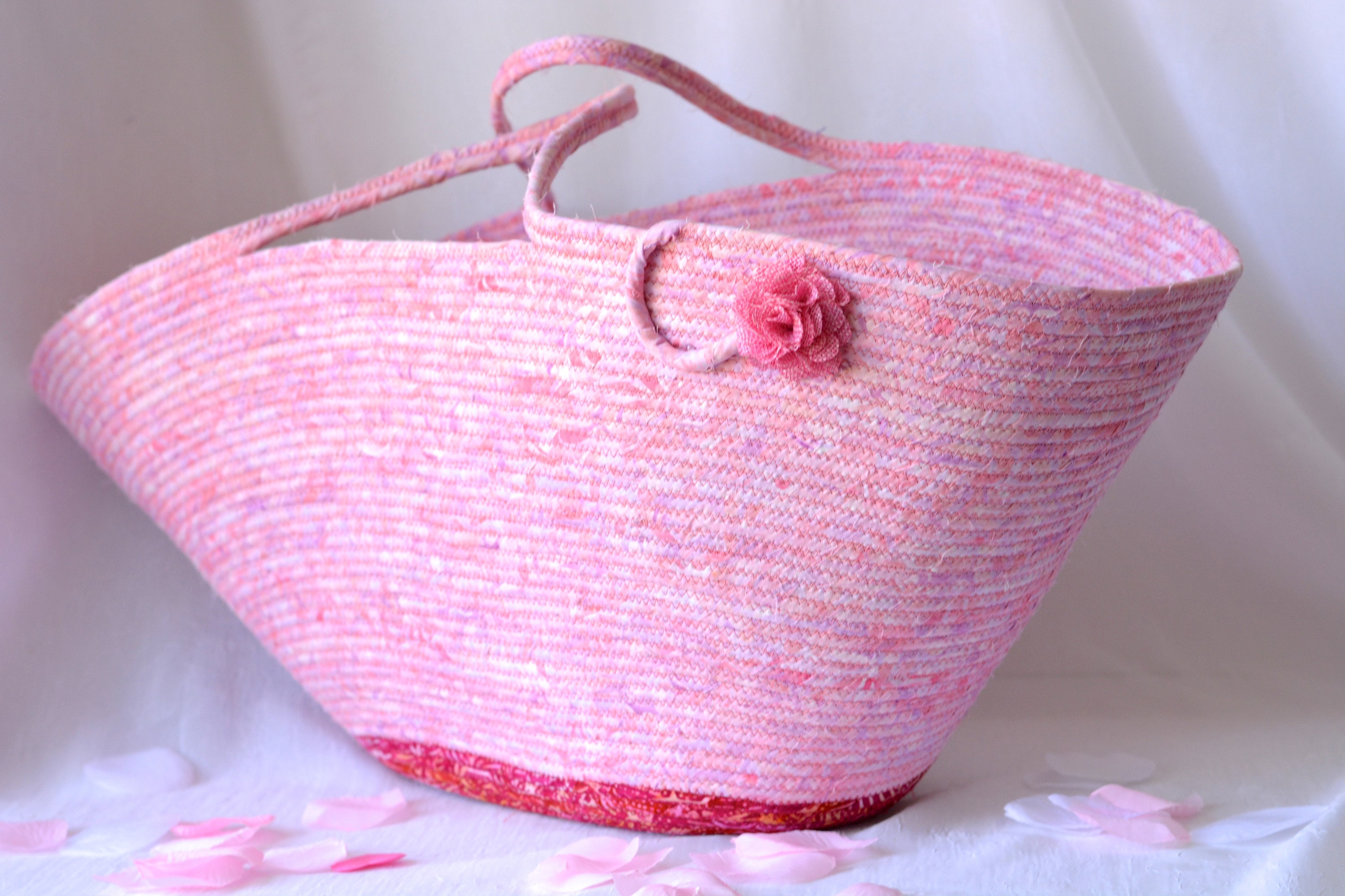 Pink Nursery Basket, Handmade Beach Bag, Picnic Tote Bag, Laptop Case
