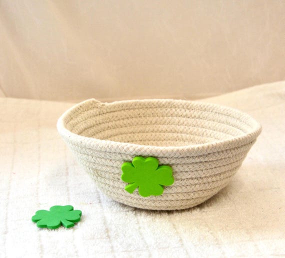 St. Patrick's Day Candy Dish, Handmade Rope Bowl, Irish Shamrock Key Holder, Ring Dish