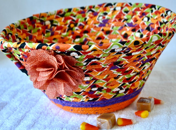 Fall Candy Basket, Autumn Napkin Holder, Handmade Fabric Bread Basket, Orange Purple Fruit Bowl, Key Holder, Unique Gift Basket