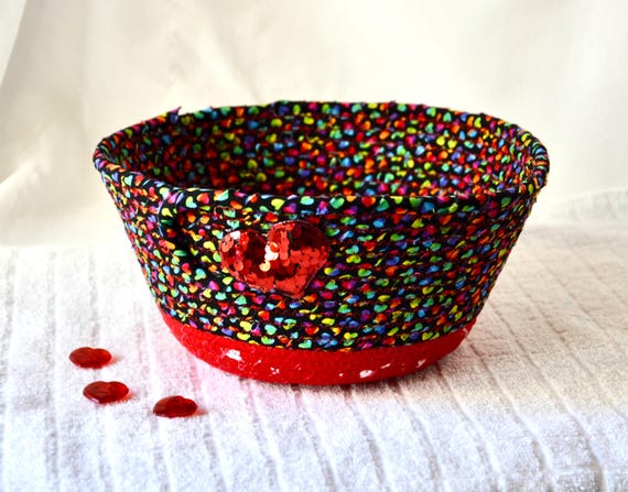 Valentine's Day Heart  Basket, Handmade Fabric Rope Basket, Red Party Bowl, Sparkle Heart Decoration, Fruit Bowl, Napkin Bin