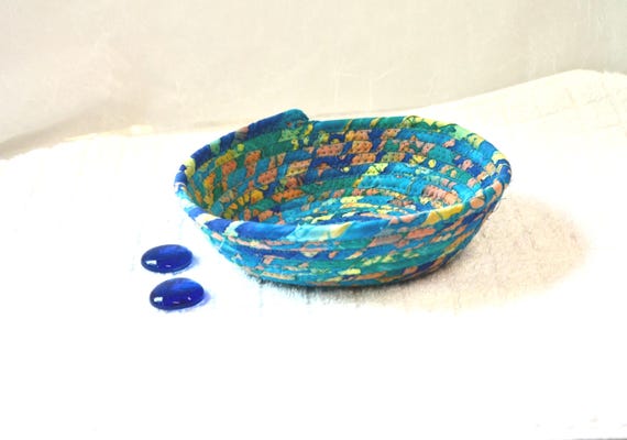Turquoise Key Basket, 1 Handmade Batik Fabric Bowl, Aqua Blue Candy Bowl, Coastal Gift Basket, Teal Decor Rope Bowl, Coiled Coaster Holder