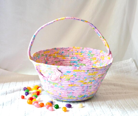 Handmade Pink Easter Basket: Quilted Glitter Fabric, Bunny Accent