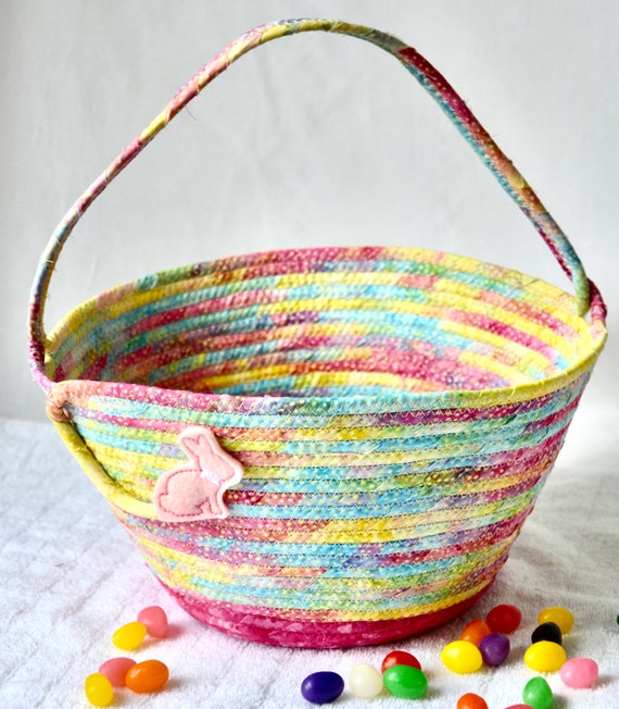 Pink Easter Basket, Girl Easter Bucket, Handmade Batik Fabric Basket, Gorgeous Spring Candy Bowl, Bunny Holder. Textile Art Basket