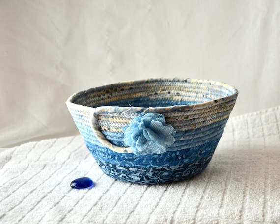 Blue Art Basket, Handmade Country Fruit Bowl, Gorgeous Indigo Batik Fiber Basket, Boho Chic Key Bowl, Mail Basket, Remote Control Holder