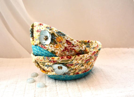 Turquoise Candy Dishes, 2 Nesting Bowls, Handmade Country Ring Dishes, Small Fabric Rope Baskets