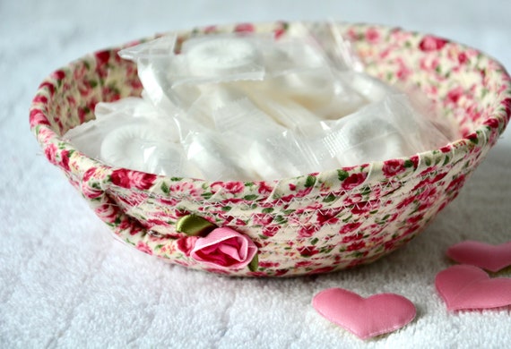 Vintage Rose Shabby Chic Basket, Handmade Key Bowl or Desk Accessory, English Garden Decor, Ring Dish or Dresser Tray, Potpourri Bowl