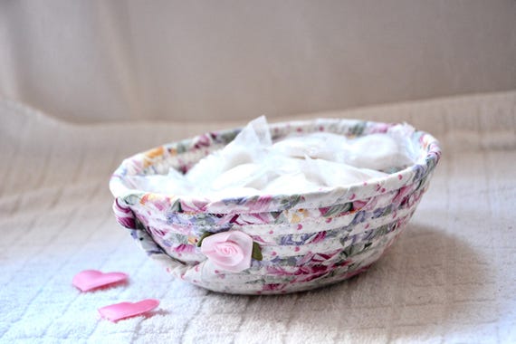 Handmade Shabby Chic Floral Fabric Basket: Rose Ring Dish, Cottage Key Bowl