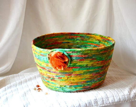 Textile Art Basket, Artisan Batik Fabric Basket, 1 Handmade Yarn Holder, Book Holder, Entry Hat Gloves and Scarf Bin