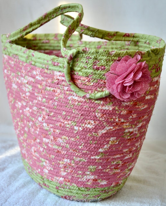 Mauve Shabby Chic Tote Bag, Handmade Rose Basket, Pretty Pink Floral Bag, Handled Blanket Basket or Laptop Case, Artisan Quilted Bag