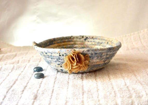 Country Blue Basket, 1 Handmade Indigo Key Bowl, Candy Dish, Artisan Batik Fabric Basket, Cottage Chic Change Holder, Small Ring Dish