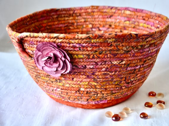 Fall Cranberry Basket, Country Batik Fabric Bowl, Round Fruit Bowl, Handmade Key Basket or Terracotta Napkin Holder or Bread Basket