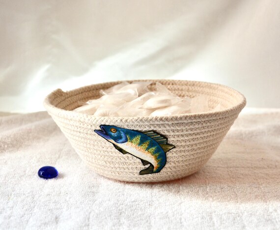 Coastal Fish Basket, Minimalist Father Gift, Rope Dish, Handcrafted Change Bowl, Gift for him Fisherman, Lake shore Decor Basket