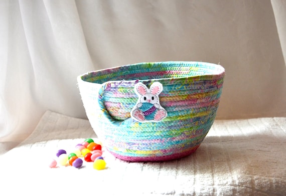 Handmade Easter Basket, Aqua and Pink Batik Fabric Bowl, Easter Decoration