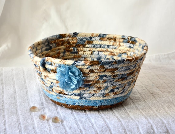 Blue Cottage Basket, Napkin Holder, Country Blue Fruit Bowl, Shabby Chic Key Basket, Handmade Gift Basket, Fall Fabric Bowl, Gift for her