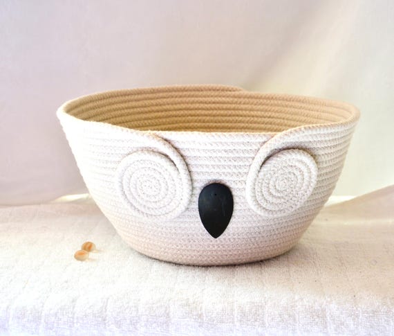 Minimalist Owl Bowl, Handmade Rope Basket, Modern Owl Clothesline Basket, Whimsical Angry Bird, Picnic Basket,  Patio Party Napkin Holder