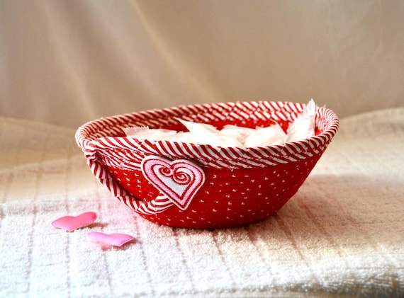 Valentine Red Heart Fabric Basket: Handmade Valentine's Day Candy Dish, Ring Tray