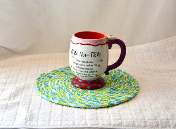 Green Country Mug Rugs, Set of 2, Spring Fabric Trivet Set, Handmade Coiled Rope Hot Pads, Spring Blue Green Table Mats, Hot Pad