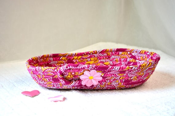Pink Candy Dish, Dresser Ring Tray, Eyeglass Holder, Handmade Fabric Bowl, Key Holder, Vanity or Desk Organizer, Birthday Gift Basket