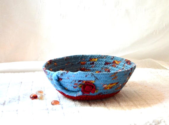 Fall Candy Bowl, 1 Country Blue Key Holder, Small Autumn Fabric Basket, Sweet Ring Dish, Handmade Candle Holder, Hand Coiled Rope Basket