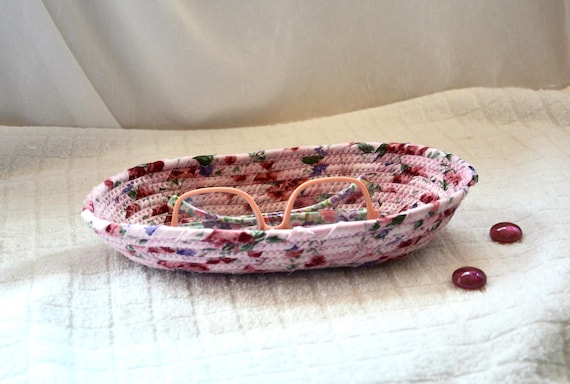 Handmade Shabby Chic Fabric Basket: Pink Rose Candy Dish, Small Oval Eyeglasses Holder