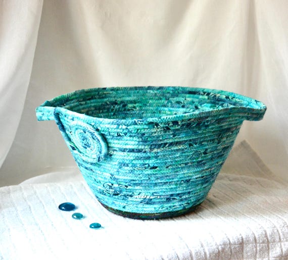 Turquoise Batik Basket, Teal Storage Organizer, Handmade Fabric Rope Basket, Entry Mail Bin, Country Cottage Woven Basket, Mother's Day Gift