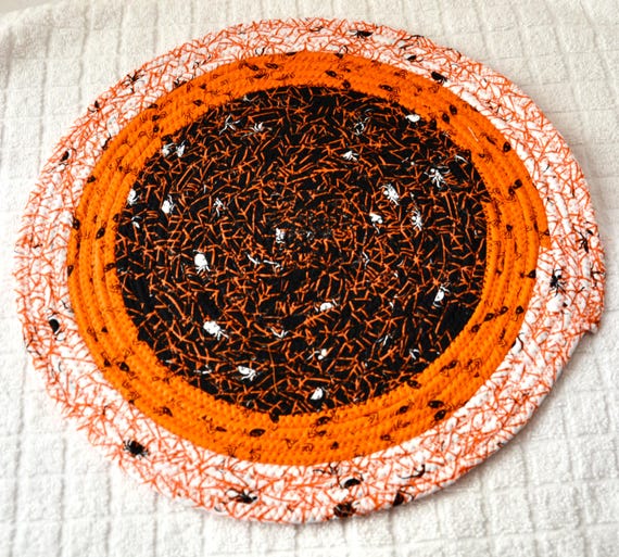 Halloween Place Mat, 1 Fall Orange Table Topper, 1 Handmade Halloween Trivet, Fun Spider Web Table Mat, 12" Hot Pad or Table Runner