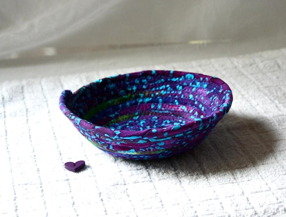 Purple Artisan Basket, 1 Handmade Batik Fabric Bowl, Violet Candy Bowl, Bohemian Gift Basket, Small Ring Dish, Rustic Decor Rope Bowl