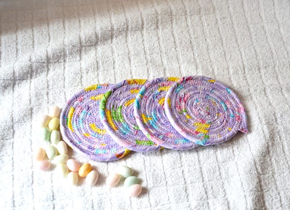 Pastel Lavender Coasters, Set of 4, Pretty Spring Fabric Coaster Set, 4" Handmade Coiled Rope Mug Rugs, Lavender Table Mats, Hot Pad