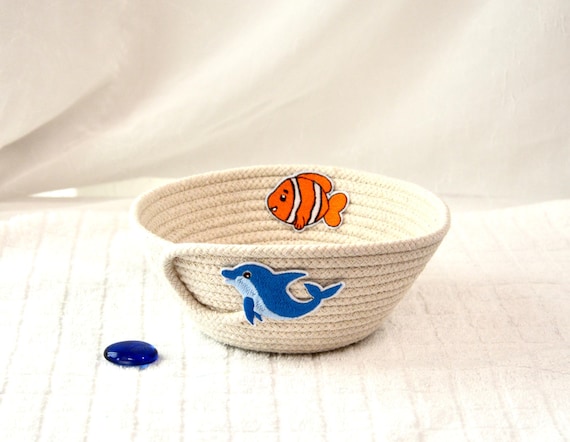 Fun Fish Basket, Cute Dolphin Rope Bowl, Handmade Clothesline Basket, Beach Cottage Bowl, Candy Bowl, Whimsical Gift for him boy Fishermen