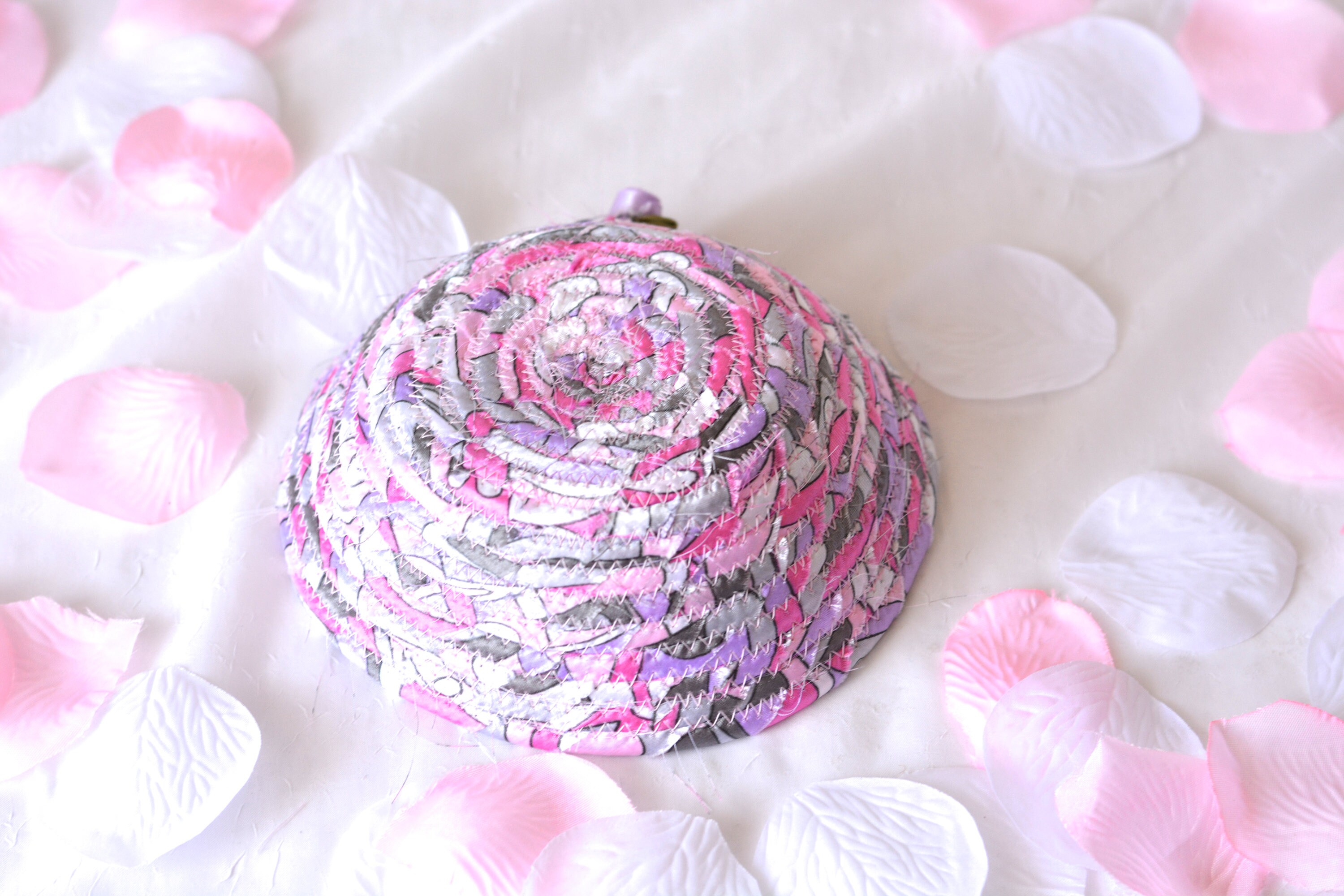 Violet Candy Dish, Handmade Artisan Fabric Basket, Violet, Pretty Gray