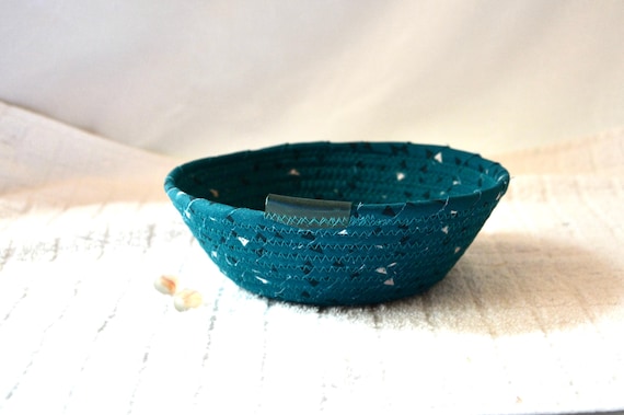 Fall Key Holder, Teal Trinket Ring Dish, 1 Handmade Father Gift Basket, Modern Ear Bud Bowl, Coiled Fabric Rope Basket, Gift for him Dad