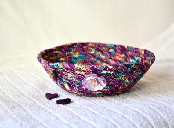 Violet Trinket Dish, Key Basket, 1 Handmade Fabric Bowl, Desk Clip Holder, Purple Candy Dish, Change Tray, Mother Birthday Gift for her