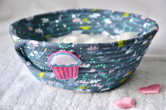 Unique Cupcake Gift Basket, Cute Pink and Gray Room Decor, Entryway Key Bowl, Fun Hair Tie Holder, Handmade Quilted Fabric Basket