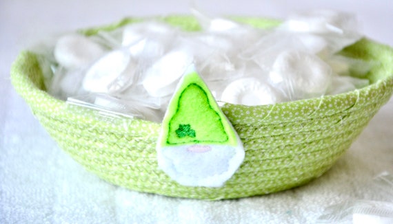 St. Patrick's Day Candy Bowl, Cute Green Gnome Key Dish, Handmade Gift Basket, Small Ring Dish or Change Holder, Fabric Rope Bowl