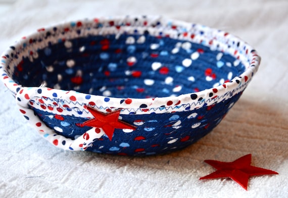July 4th Picnic Basket, Patriotic Bowl, Red White and Blue Decor Bowl, Outdoor Patio Basket, Handmade Fabric Rope Basket, Gift for him