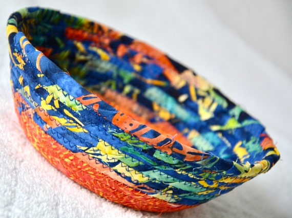 Blue Batik Basket, Handmade Key Bowl, Small Candy Dish, Quilted Cotton Basket, Boho Chic Gift Basket, Change Bowl, Bold Beautiful!