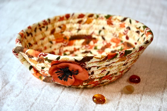 Earth Tone Candy Bowl, Fall Key Holder, Office Clip Holder, Country Change Coin Bowl, Quilted Fabric Rope Basket, Beige Gift Basket